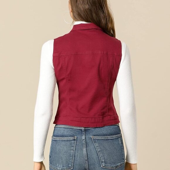 Women's Buttoned Washed Denim Vest Jacket W Chest Flap Pockets - Picture 5 of 5